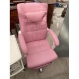 A MODERN PINK ADJUSTABLE OFFICE CHAIR ON POLISHED METAL BASE