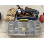 AN ASSORTMENT OF TOOLS TO INCLUDE SCREWS, A HAMMER AND A SAW ETC