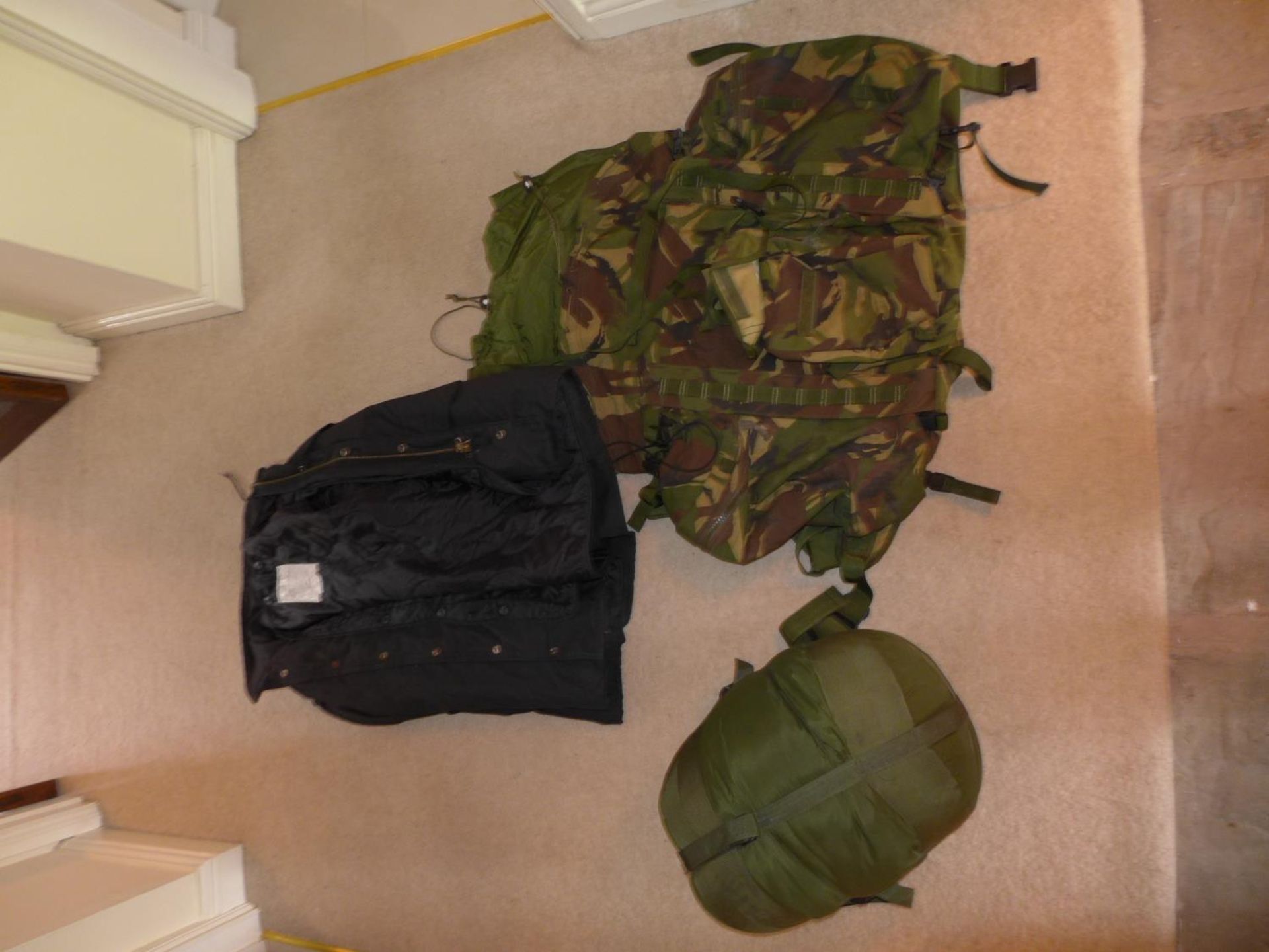 A BRITISH ARMY BERGEN BACKPACK, COMPRESSION BAG AND A COLD WEATHER JACKET (3)