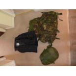 A BRITISH ARMY BERGEN BACKPACK, COMPRESSION BAG AND A COLD WEATHER JACKET (3)