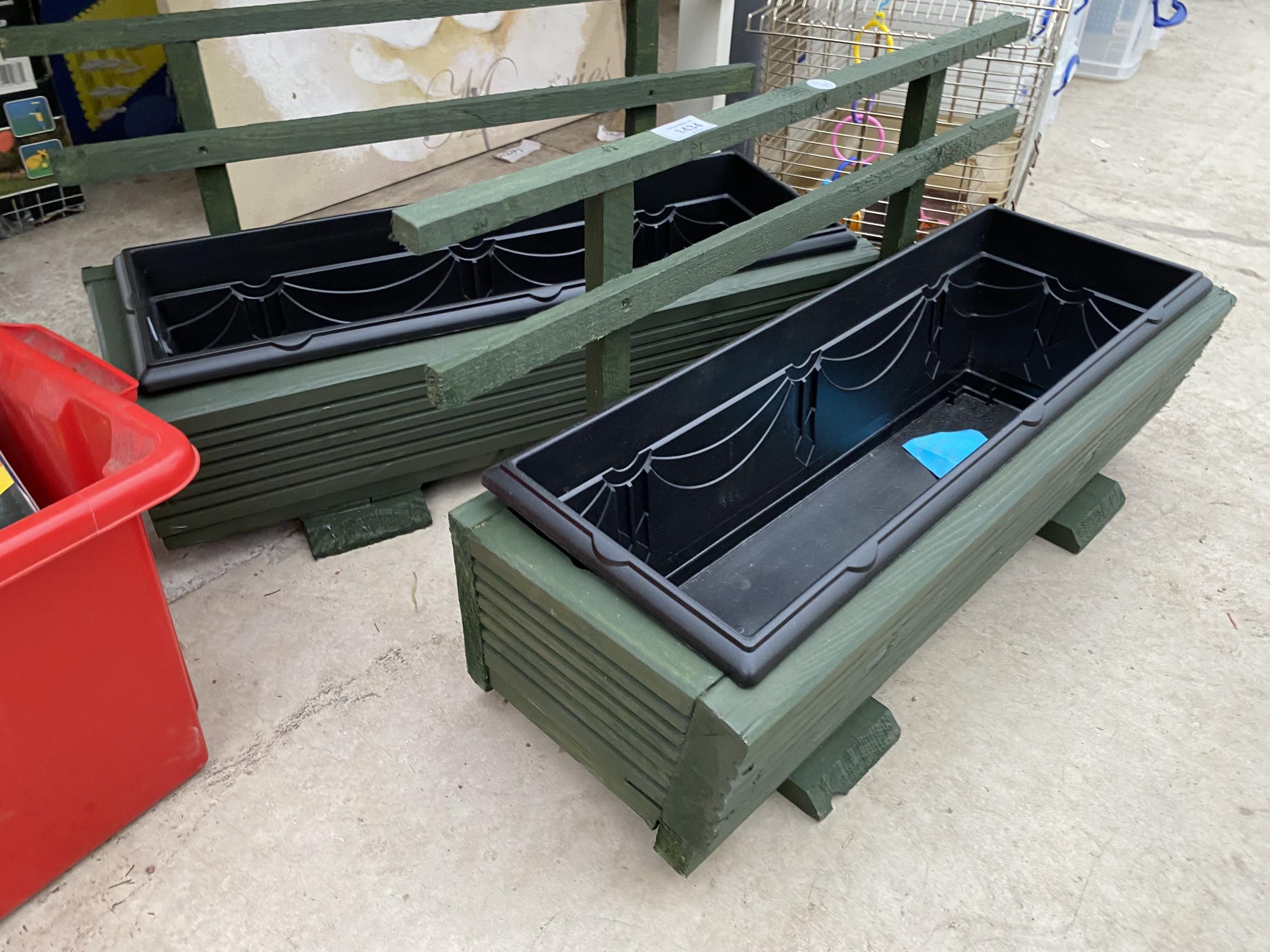 TWO WOODEN TROUGH PLANTERS WITH PLASTIC INSERTS - Image 2 of 2