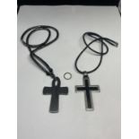 TWO NECKLACES WITH CROSS PENDANTS ONE MARKED SILVER IN A PRESENTATION BOX