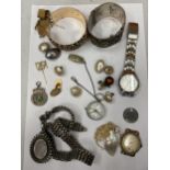 A MARKED SILVER NECKLACE, A HALLMARKED FOB AND VARIOUS ITEMS OF COSTUME JEWELLERY TO INCLUDE