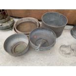 AN ASSORTMENT OF VINTAGE ITEMS TO INCLUDE MILK CHURN SIEVES, SILT PANS AND A WATER PAN ETC