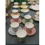 A QUANTITY OF ROYAL ALBERT 'GOSSAMER' CUPS AND SAUCERS IN DIFFERENT COLOURS ( 10 IN TOTAL )