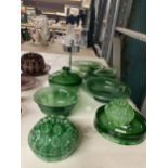 A SELECTION OF GREEN CLOUD GLASSWARE TO INCLUDE ROSE BOWLS, LIDDED POT, BOWLS ETC