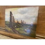 EARLY 20C OIL ON BOARD - RUINS SCENE SIGNED APPROX 40CM X 30CM