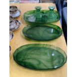 A QUANTITY OF GREEN CLOUD GLASSWARE TO INCLUDE TRAYS, CANDLESTICKS, ETC