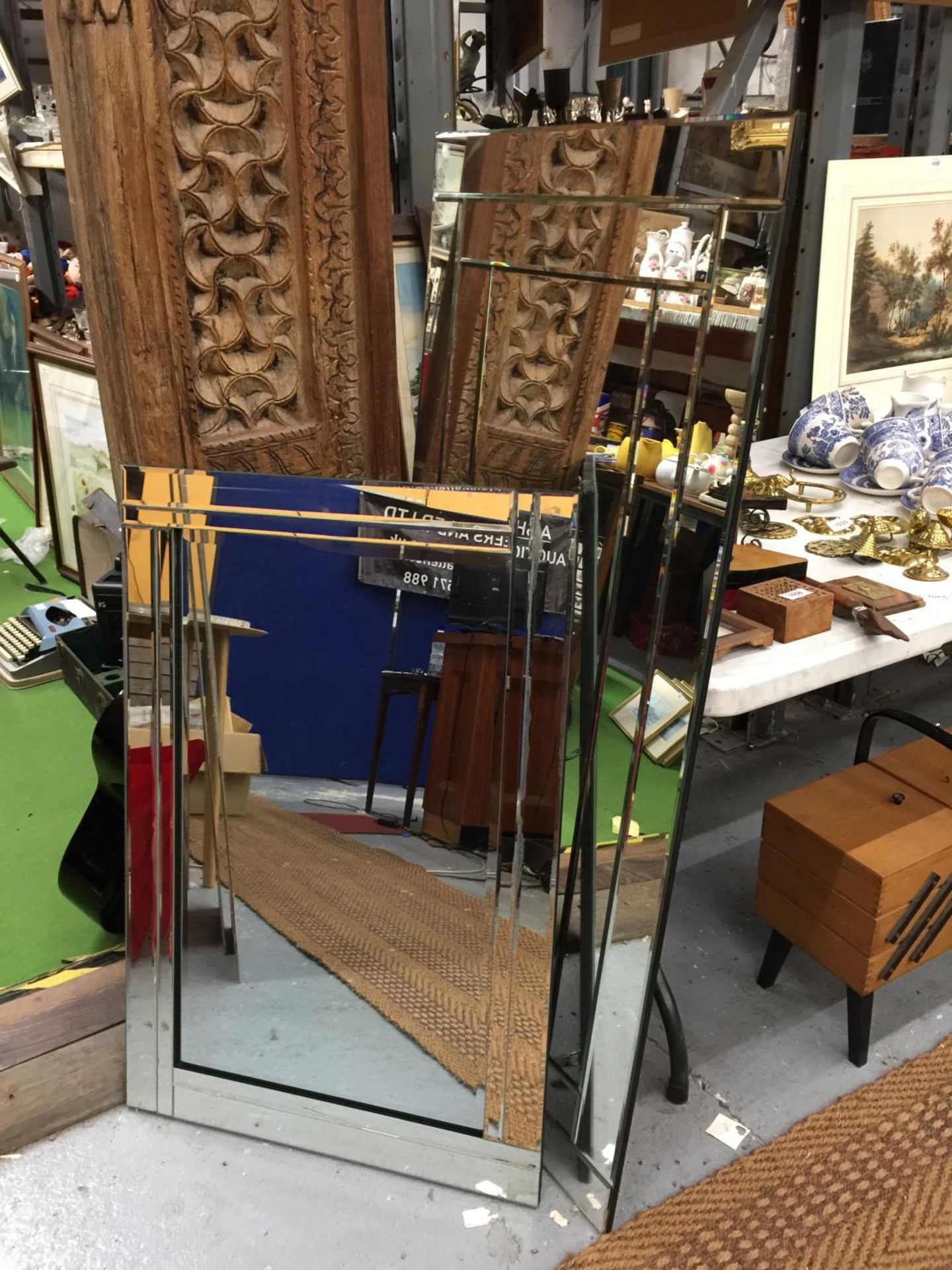 TWO ART DECO STYLE FRAME LESS MIRRORS 129CM X 61CM AND 91CM X 60CM