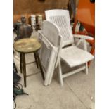 TWO PLASTIC FOLDING GARDEN CHAIRS AND A WOODEN STOOL