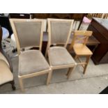 A MODERN PINE CHILDS TALL CHAIR AND PAIR OF MODERN DINING CHAIRS