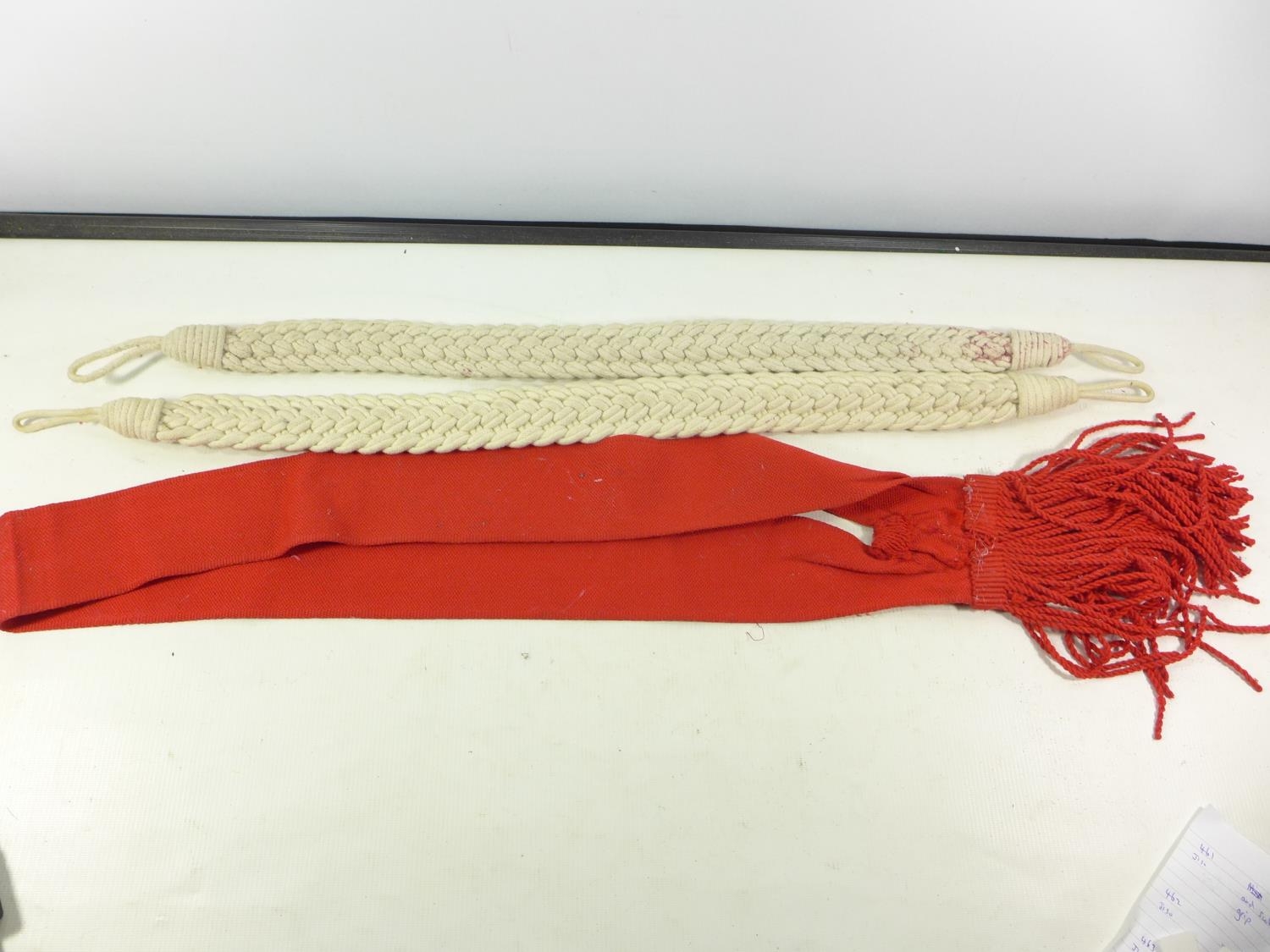 TWO BRITISH ARMY RED SASHES, LENGTH 90CM, AND TWO CORDED, U.S. AIRBORNE CANVAS BAG, TWO BELTS AND - Image 2 of 2