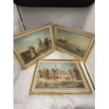 THREE FRAMED OIL ON CANVAS BY LOUIS JENNINGS, SHEFFIELD (BORN 1919) OF TOWN AND RIVER SCENES TO