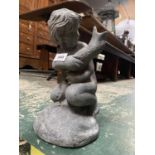EARLY 20C LEAD PUTTI BOY WITH FISH FIGURE APPROX 30CM HIGH