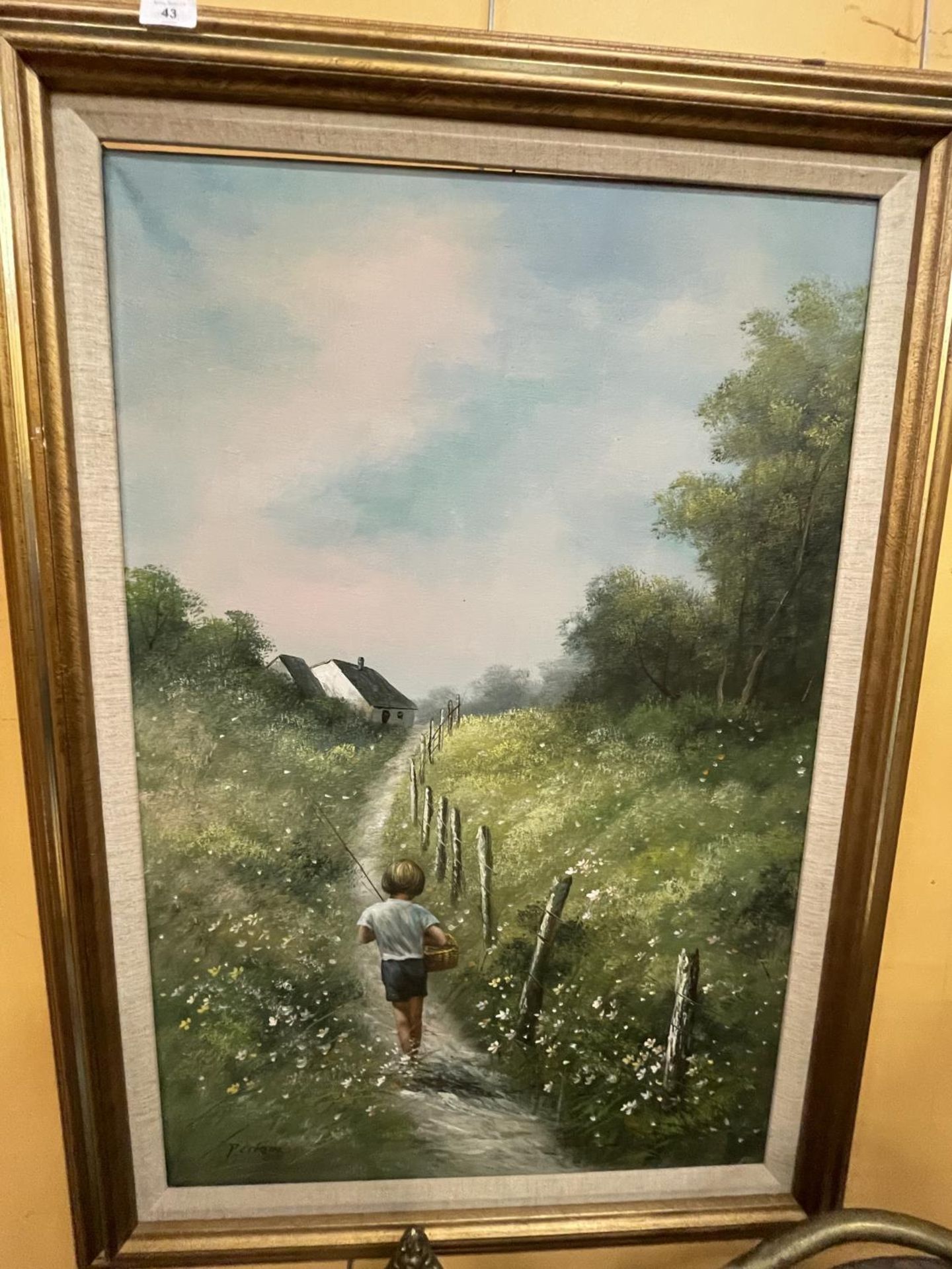 A LARGE FRAMED OIL ON CANVASS OF A BOY GOING FISHING SIGNED P CITRIN 80CM X 110CM