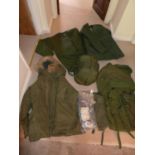 MILITARY/SHOOTING/FISHING EQUIPMENT, TO INCLUDE BERGEN BACKPACK, COMPRESSION BAG, PARKER COAT,