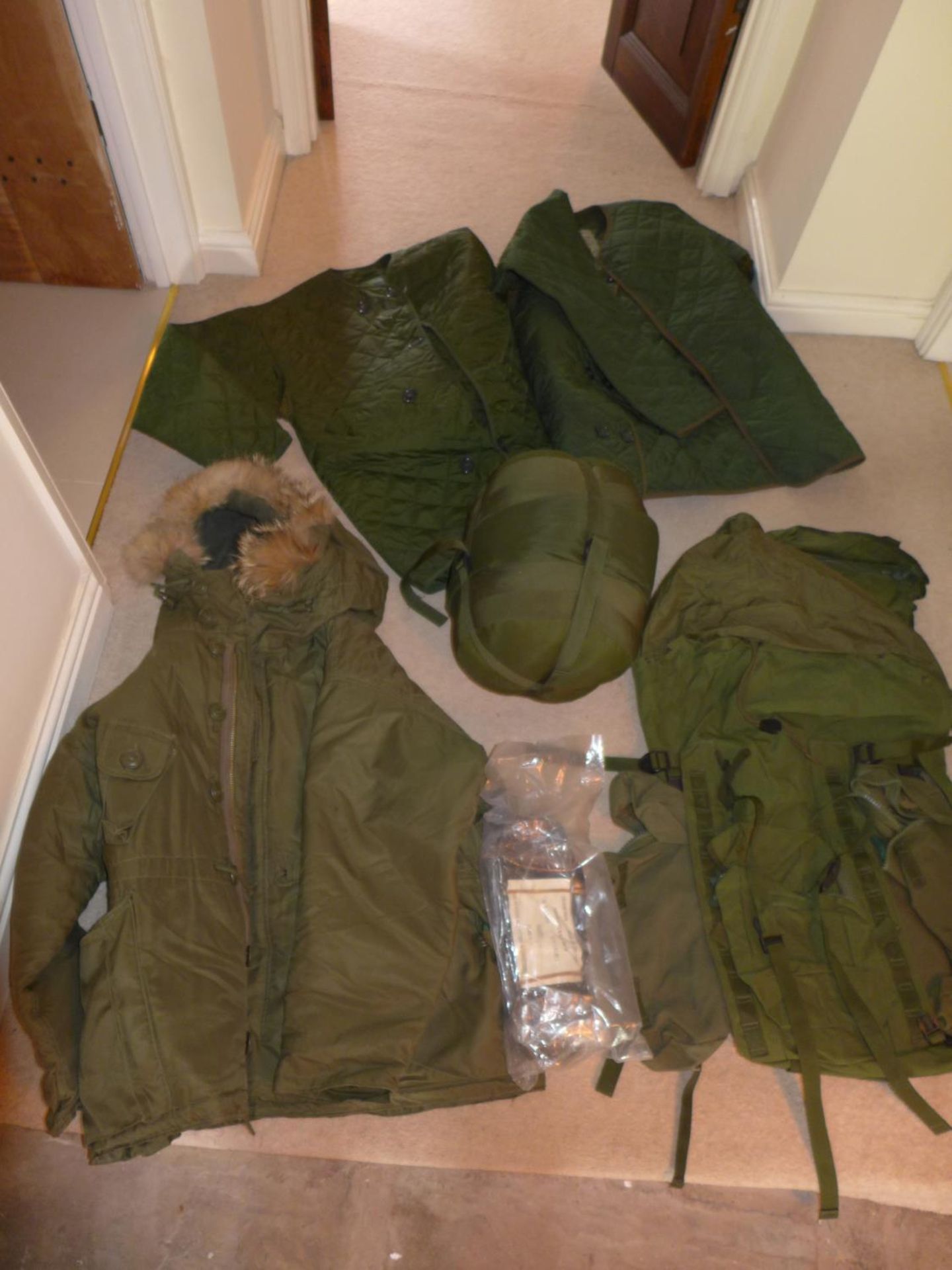 MILITARY/SHOOTING/FISHING EQUIPMENT, TO INCLUDE BERGEN BACKPACK, COMPRESSION BAG, PARKER COAT,