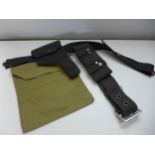 A BLACK CANVAS HOLSTER AND BELT, FURTHER BELT AND A CANVAS MAP CASE DATED 1940 (3)