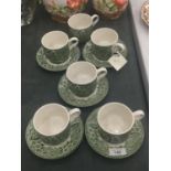 FIVE BROADHURST SAUCERS AND SIX CUPS WITH PASTORAL SCENE