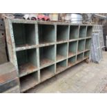 LARGE METAL INDUSTRIAL PIGEON HOLE ON WHEELS APPROX 275CM X 54CM - 145CM HIGH