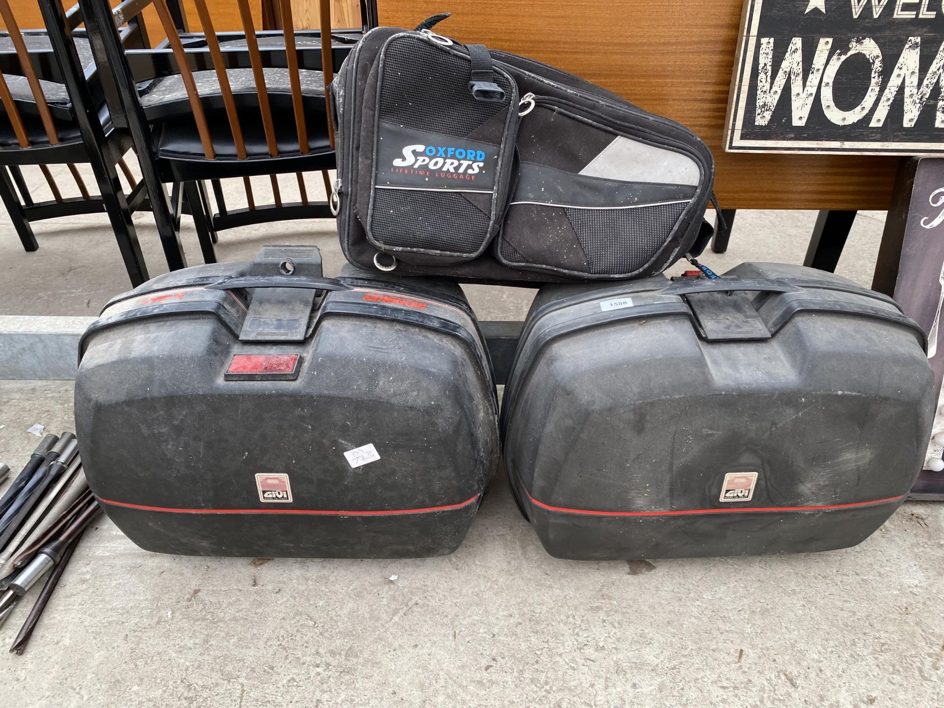 TWO GIVI MOTORBIKE BOXES AND AN OXFORD LUGGAGE BAG