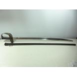 A MID 19TH CENTURY CAVALRY TROOPERS SWORD AND SCABBARD, 87CM BLADE, WITH MILITARY STAMPS