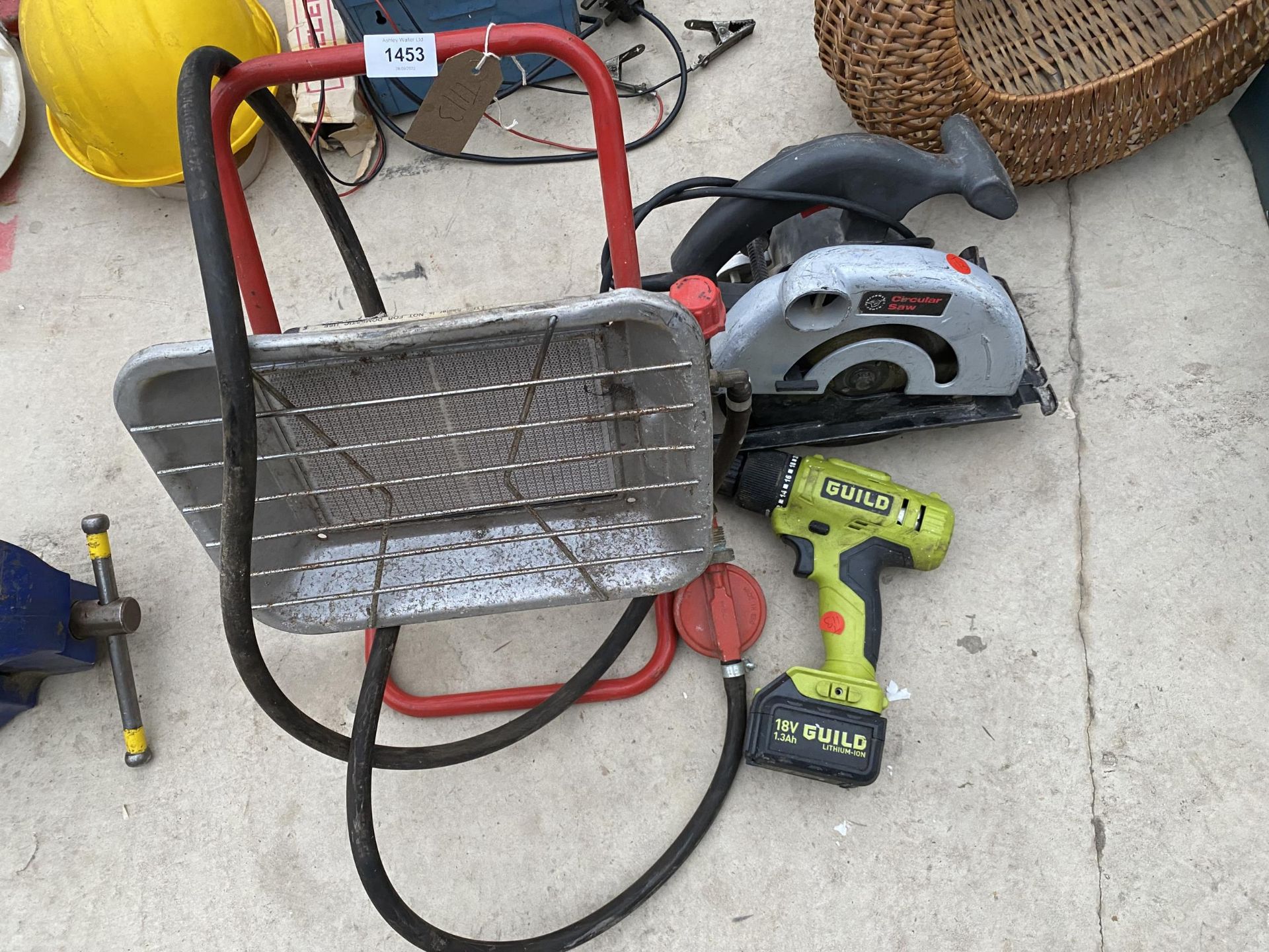 A GAS HEATER, AN ELECTRIC CIRCULAR SAW AND A GUILD BATTERY DRILL