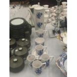 A PORTMEIRION PART COFFEE SET IN WHITE WITH A BLUE FLORAL PATTERN TO INCLUDE A COFFEE POT, CREAM