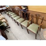 A SET OF EIGHT HEPPLEWHITE STYLE DINING CHAIRS, TWO BEING CARVERS