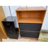 A BLACK ASH EFFECT THREE DRAWER FILING CABINET AND MODERN OFFICE UNIT WITH TWO TAMBOUR FRONTED