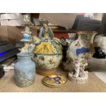 A QUANTITY OF CERAMICS TO INCLUDE CANDLESTICKS WITH CHERUBS, FIGURES, VASES, ETC