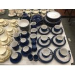 A DENBY DINNER SERVICE IN BLUE TO INCLUDE PLATES, BOWLS, TEAPOTS, SERVING TUREEN, MILK JUGS, SUGAR