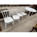 A PAINTED DINING TABLE ON TURNED LEGS, 36" DIAMETER AND FOUR PAINTED CHAIRS (2+2)