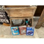 A VINTAGE WOODEN JOINERS CHEST WITH AN ASSORTMENT OF TOOLS TO INCLUDE A WOOD PLANE, MALLET AND