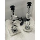 TWO CRYSTAL GLASS TABLE LAMPS HEIGHTS 40CM AND 41CM