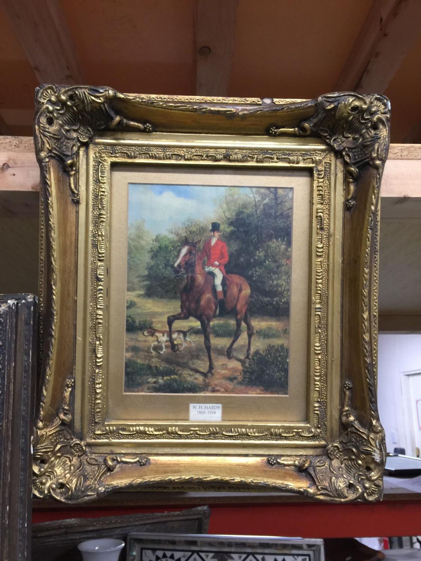 AN OIL ON BOARD OF A HUNTSMAN ON HIS HORSE, A PRINT OF AN ITALIAN MAN AND A BLACK AND GILT PICTURE - Image 2 of 4