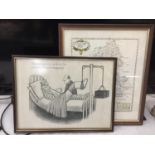 TWO FRAMED PRINTS TO INCLUDE A MAP OF STAFFORDSHIRE AND A CARTOON