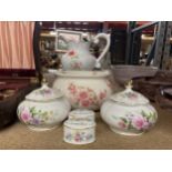 A LARGE JUG & BOWL, AN ARTHUR WOOD CHAMBER POT, FRANCESCA CHINA LIDDED POTS, CROWN STAFFORDSHIRE