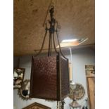 A GOOD BRASS PORCH HANGING LAMP APPROX 80CM HIGH