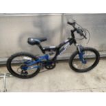 A CHILDS MUDDYFOX RECOIL 20 BIKE WITH FRONT AND REAR SUSPENSION AND SIX SPEED SHIMANO GEAR SYSTEM