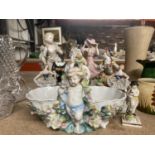 A QUANTITY OF CONTINENTAL FIGURES TO INCLUDE DRESDEN STYLE BALLERINAS, A HANDLED BASKET WITH