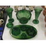 A COLLECTION OF EMERALD GREEN CLOUD GLASS TO INCLUDE A FOOTED BOWL, DRESSING TABLE SET, VASES, ETC