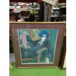 ALARGE LIMITED EDITION FRAMED PRINT OF A RECLINING LADY - 512/950, SIGNED BARBARA A WOOD 90CM X 83CM