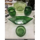 FIVE PIECES OF EMERALD COLOURED CLOUD GLASS TO INCLUDE VASES, AN OCTAGONAL BOWL, HEXAGONAL BOWL