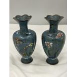 A PAIR OF CLOISONNE VASES WITH FLOWER AND BUTTERFLY DECORATION MARKED A/C 75 HEIGHT 15.5CM