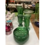 A QUANTITY OF GREEN CLOUD GLASSWARE TO INCLUDE MAINLY VASES OF VARYING SIZES