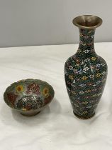 TWO CLOISONNE ITEMS TO INCLUDE A VASE WITH FLOWER DECORATION HEIGHT 19.5CM TALL AND A BOWL WITH A