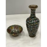 TWO CLOISONNE ITEMS TO INCLUDE A VASE WITH FLOWER DECORATION HEIGHT 19.5CM TALL AND A BOWL WITH A