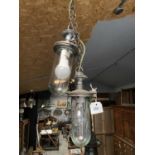 PAIR OF INDUSTRIAL PENDANT LIGHTS - REWIRED APPROX 33CM HIGH