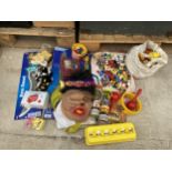 AN ASSORTMENT OF CHILDRENS TOYS AND ITEMS TO INCLUDE LEGO AND FANCY DRESS MASKS ETC